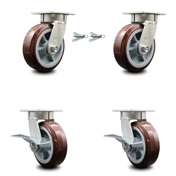 6 Inch Kingpinless Poly on Polyolefin Wheel Caster Swivel Locks 2 Brakes, 2PK